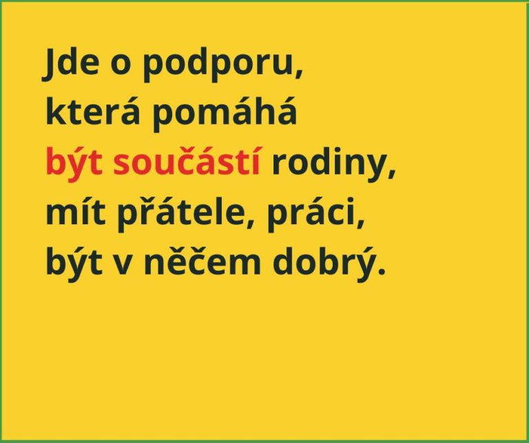 Jde o podporu, ktera pomaha byt soucasti rodiny, mit pratele, praci, byt v necem dobry